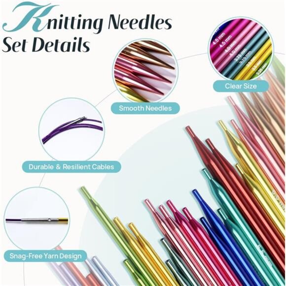 Circular Knitting Needles Set, 17 Size Interchangeable Aluminum Knitting - Picture 3 of 6